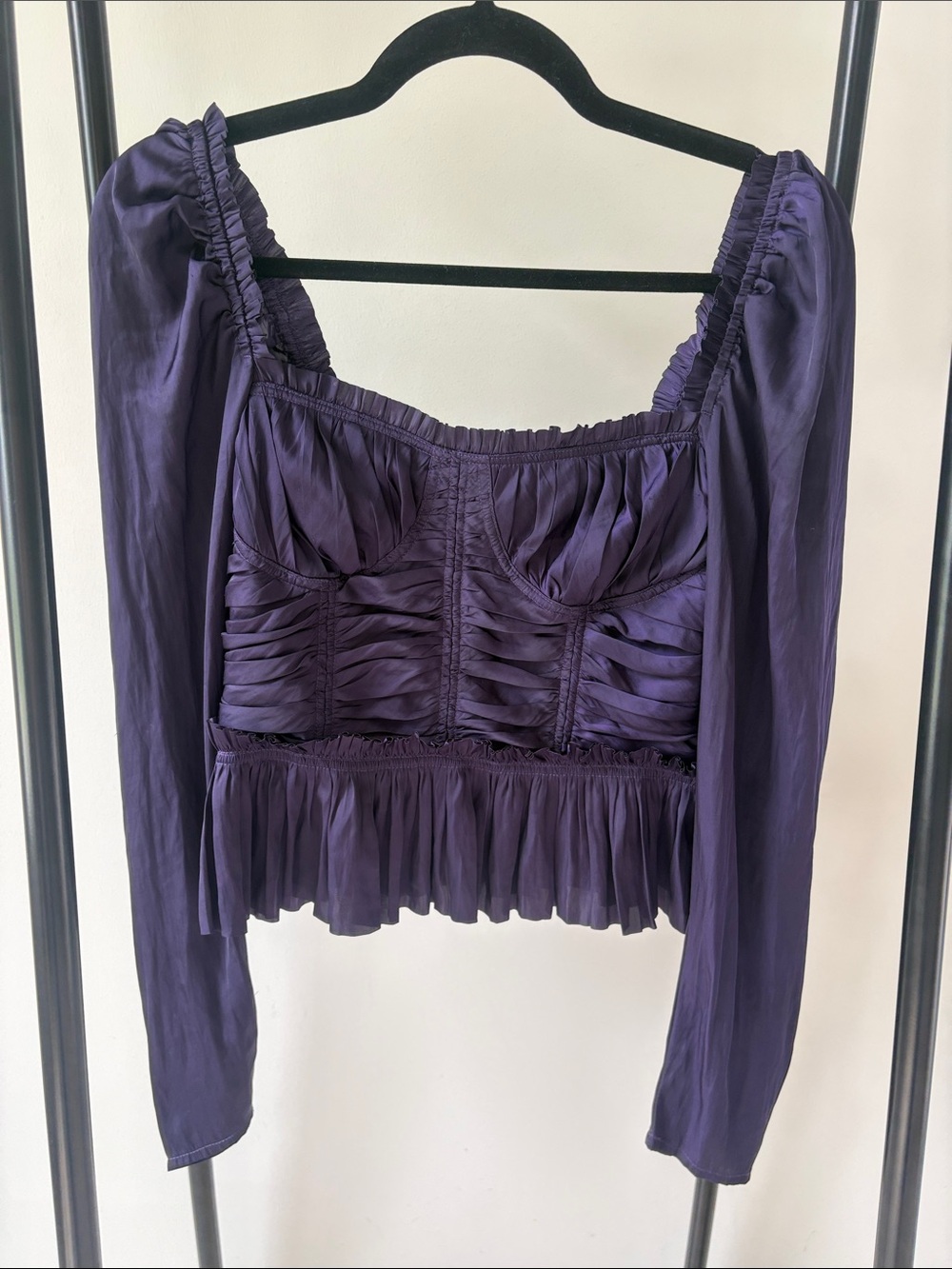 Ulla Johnson Mia Ruched Satin Peplum Blouse in Purple - Picture 2 of 10